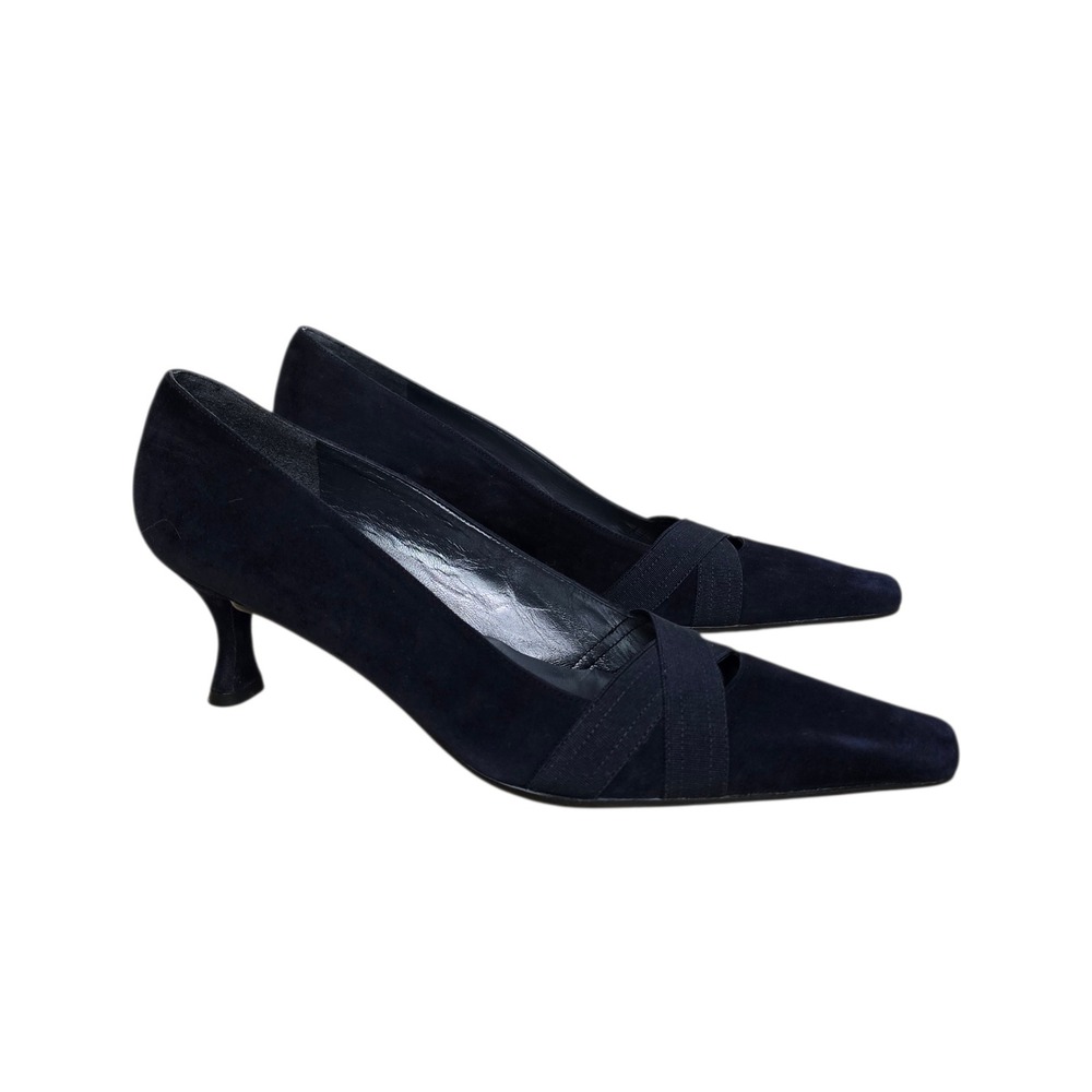 Stuart Weitzman Navy Blue Suede Kitten Heel Pumps Pointed Square Toe Size 9.5 - Picture 1 of 7